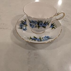 Bone China Queen Anne England  Blue Floral Teacup and Saucer Set with Gold Trim